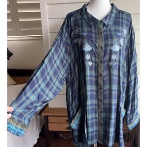 Woman Within Plaid  Button Up 4X Plus Tunic Floral Embroidered Boho Pockets Blue